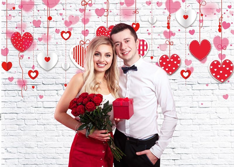 LTLYH 7x5ft Valentine's Day Backdrop White Brick Wall Red Hearts Photography Background for Mother's Day Wedding Bridal Shower Birthday Party Decor Banner Portrait Photo Booth Props 088 - Image 2